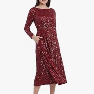 D134 Maggy London Women's Boat Neck Long Sleeve Midi Dress Size 12 Crimson NWT